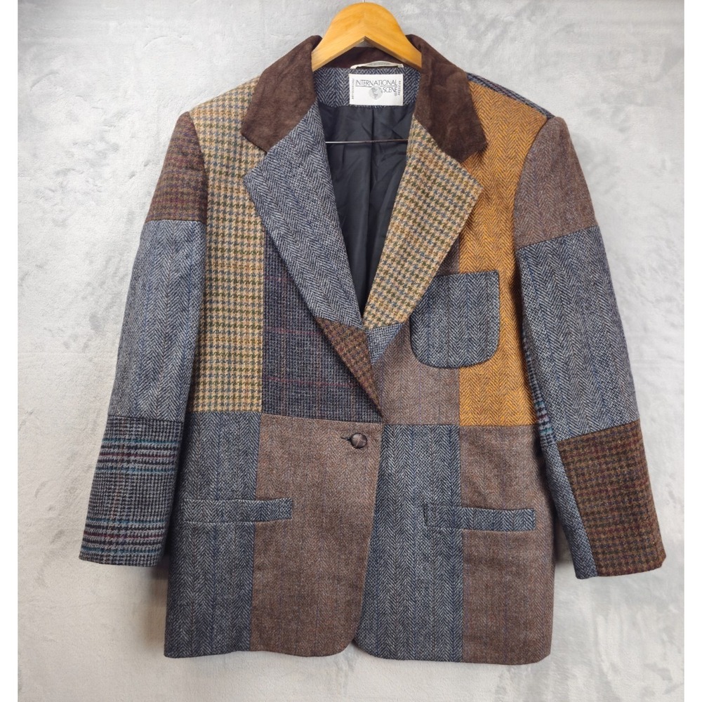 Vintage 90s International Scene Women's Patchwork Wool Tweed Blazer Size 13/14
